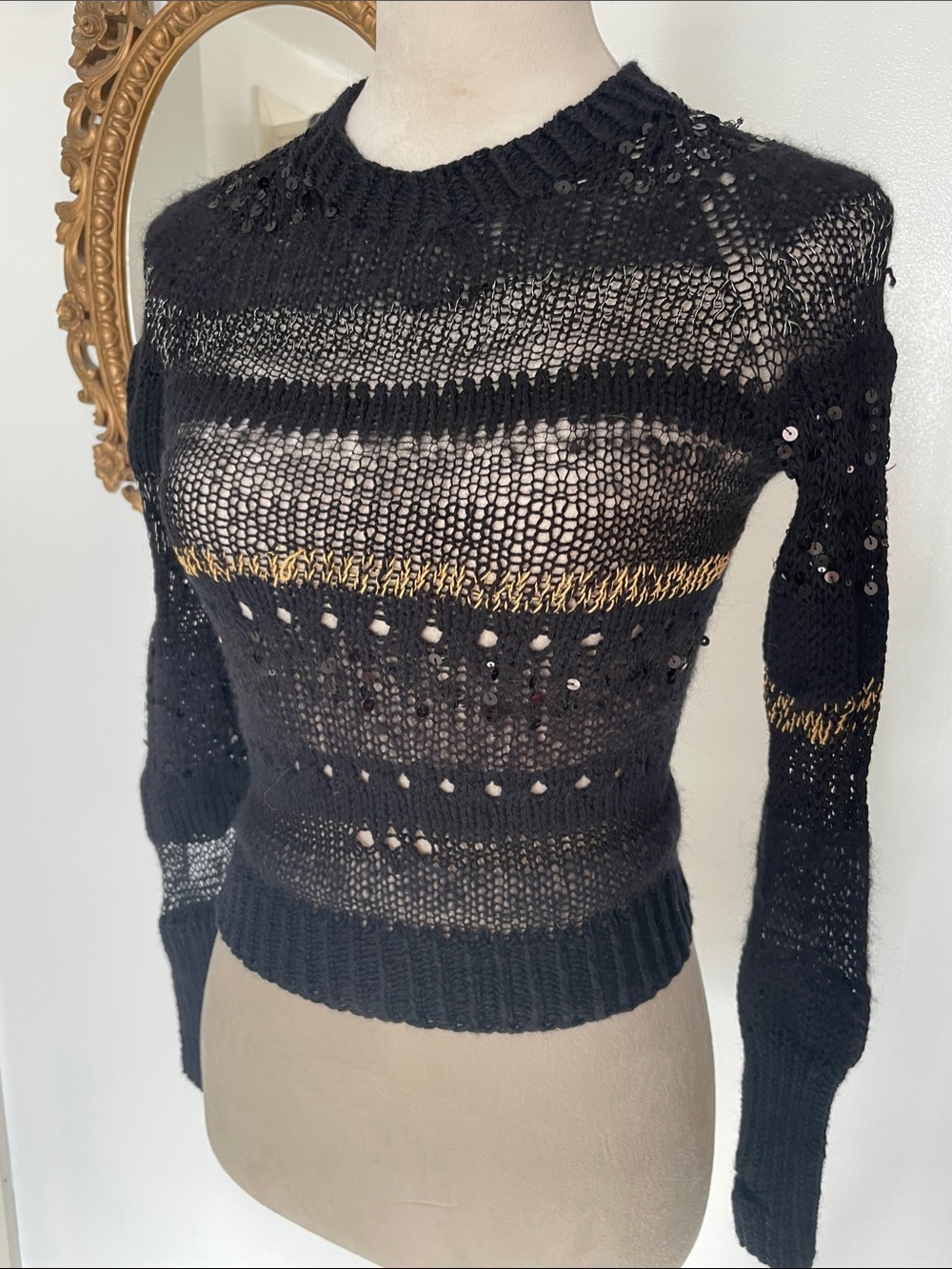 Hand knit one of a kind black punk sexy sweater xs wool and mohair